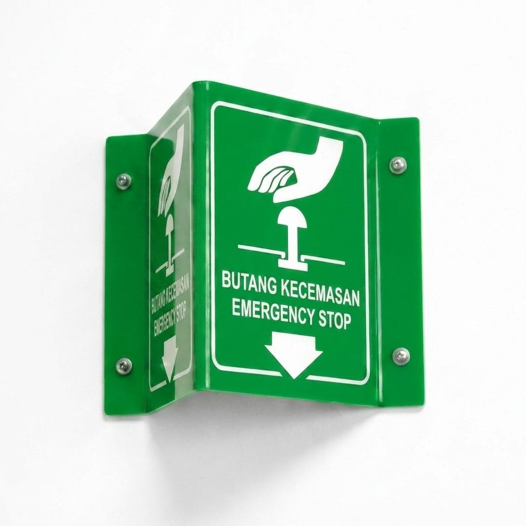 Emergency Stop Button Projecting Sign | L-Shape / V-Shape Acrylic Safe Condition Signage