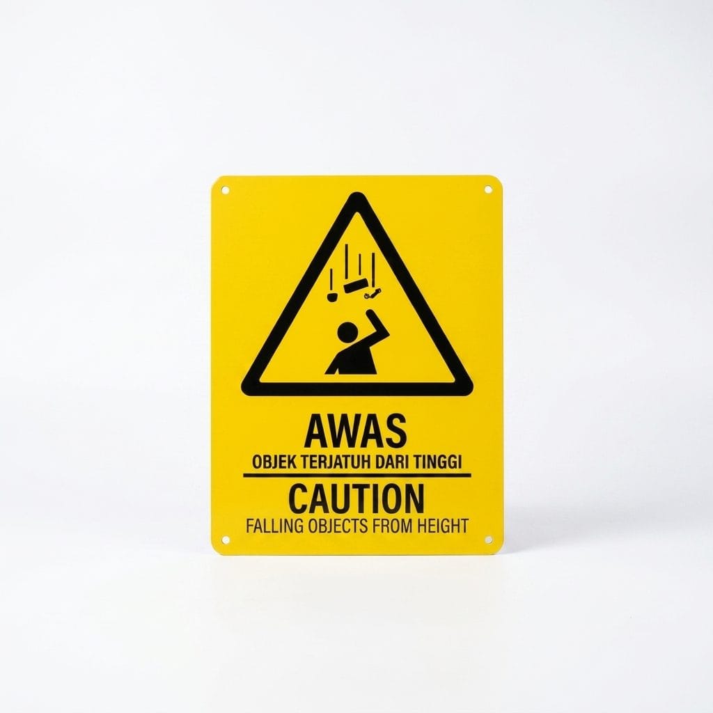 Falling Objects Warning Sign (Awas Objek Terjatuh Dari Tinggi) | Caution Overhead Hazard Signage — 1.5mm PVC HIPS