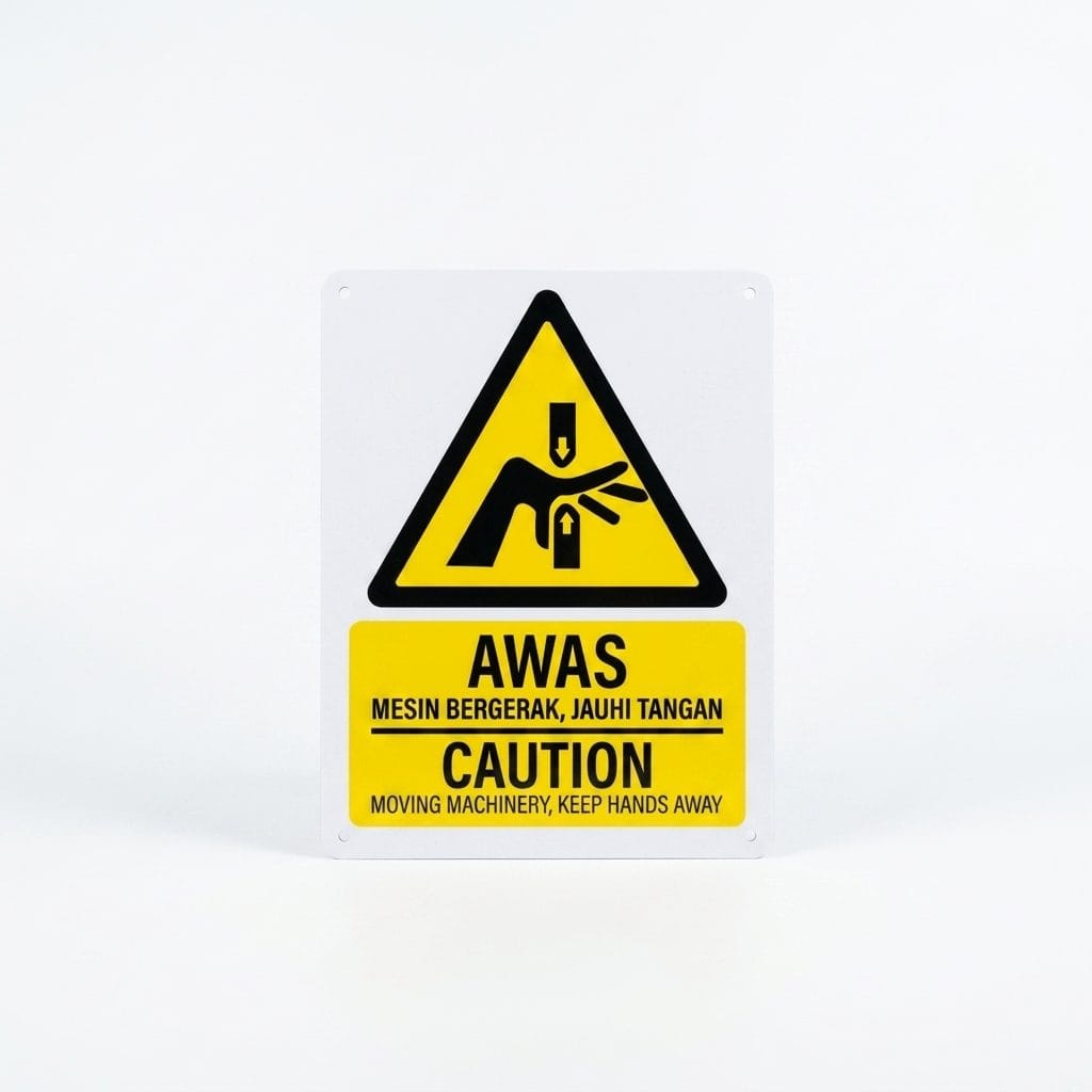 Moving Machinery Warning Sign (Awas Mesin Bergerak) | Caution Keep Hands Away Signage — 1.5mm PVC HIPS