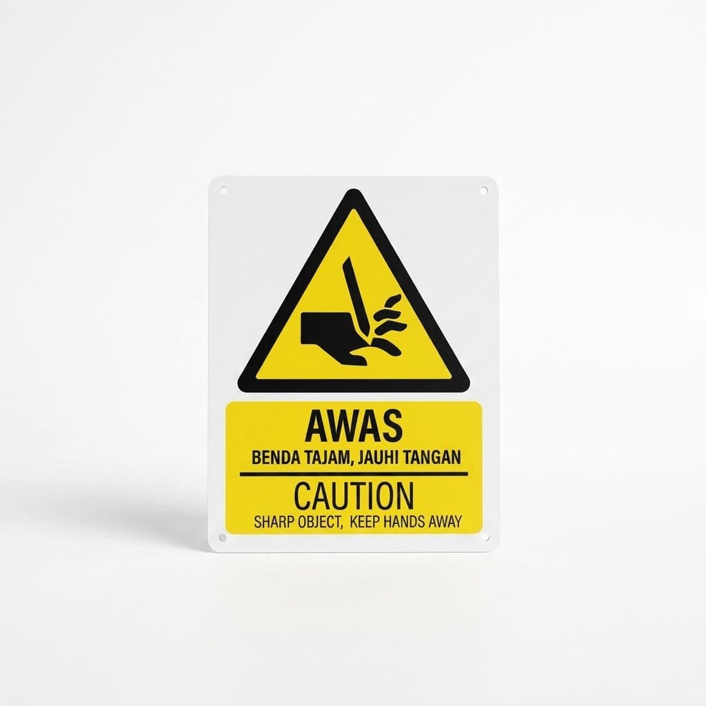 Sharp Object Caution Sign (Awas Benda Tajam) | Keep Hands Away Hazard Signage — 1.5mm PVC HIPS