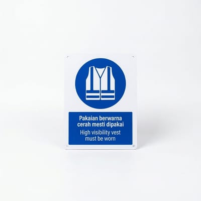 High Visibility Vest Mandatory Sign (Pakaian Berwarna Cerah Mesti Dipakai) | PPE Safety Signage — 1.5mm PVC HIPS