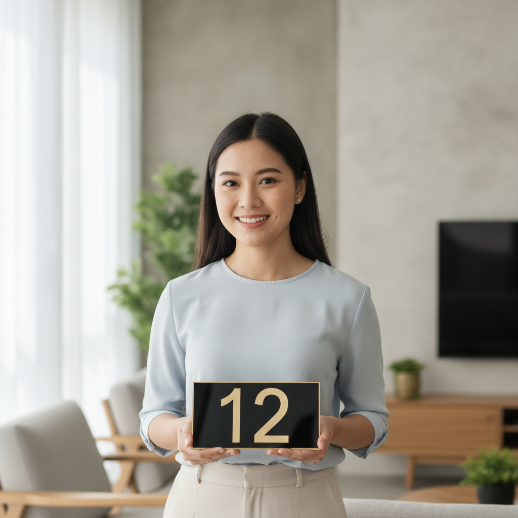 A customer holding her custom UMAKE acrylic house number plate at home
