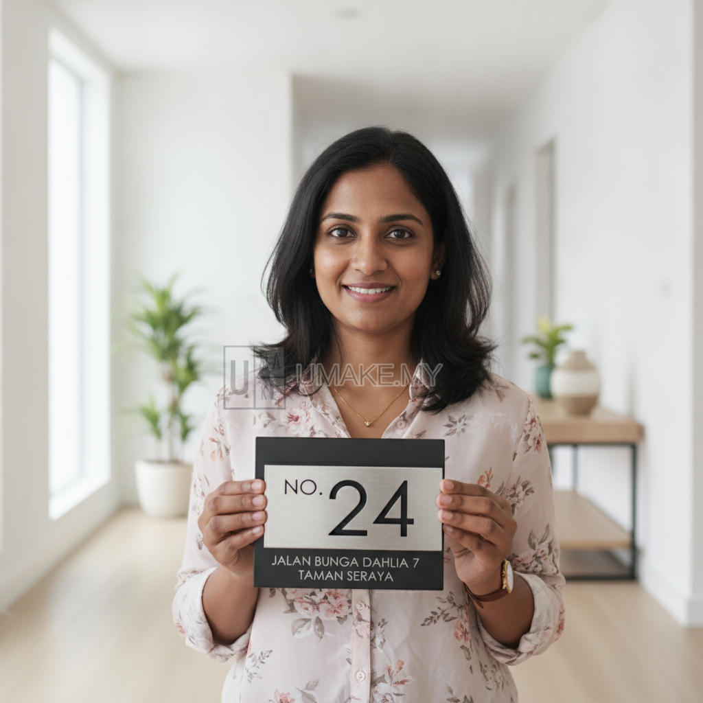 A Malaysian Indian customer holding her custom UMAKE stainless steel house number plate