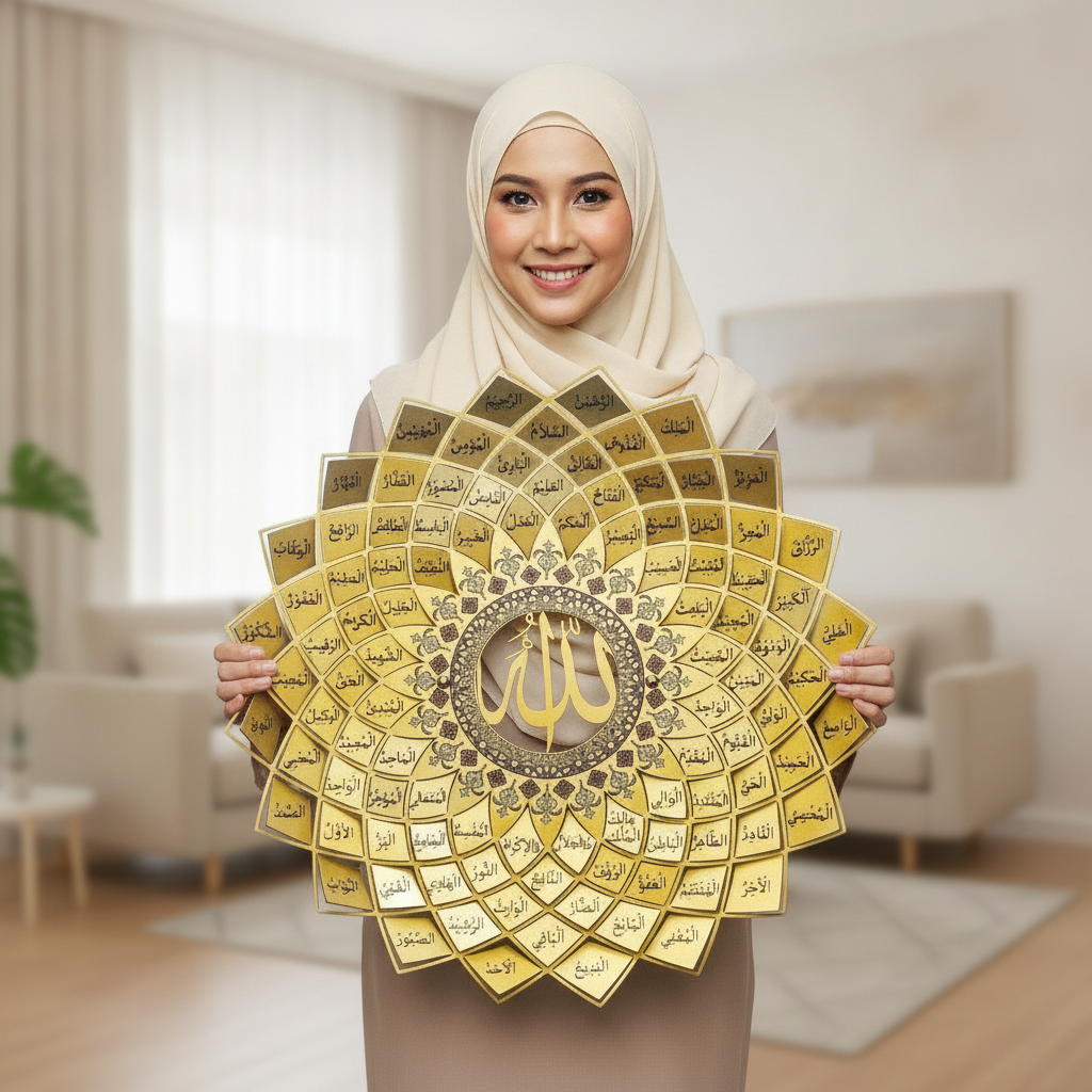 A Malaysian Muslim customer holding her large UMAKE 99 Names of Allah metal wall art
