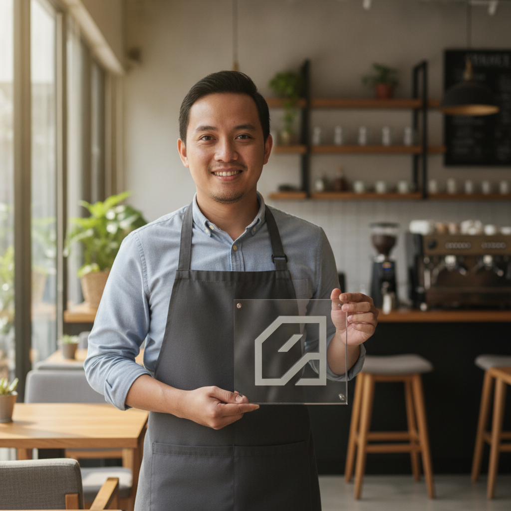 A Malaysian cafe owner with his custom UMAKE acrylic signage